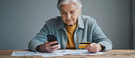 Digital Payment: A senior woman uses her smartphone and credit card to manage bills, highlighting the modern conveniences of online payments and smart technology.