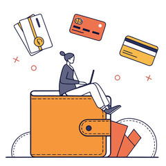 Digital Payment Illustration with Woman on Wallet, Illustration of a Woman Using a Laptop on a Wallet Surrounded by Credit Cards