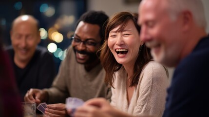 Obraz premium Group of friends enjoying lively game night, sharing laughter and joy. atmosphere is warm and inviting, with soft lighting and sense of camaraderie
