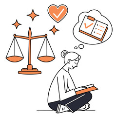 Cartoon of a Woman Studying Laws, Balance Scales, Checklists, and Hearts, Girl reading a book with scales, stars, a heart, and a clipboard in a thought bubble