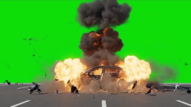 A white and blue van explodes, then burns, on a green screen.