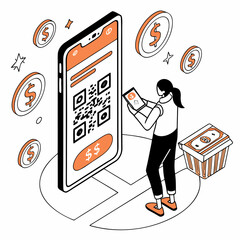 Isometric illustration of a girl scanning a QR code on a smartphone with a tablet, Using smartphone to pay with digital wallet