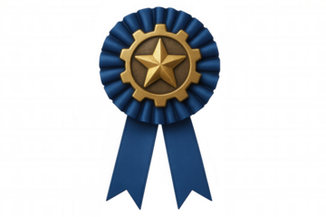 Blue ribbon award with gold gear and star, celebrating achievement and quality on a transparent background