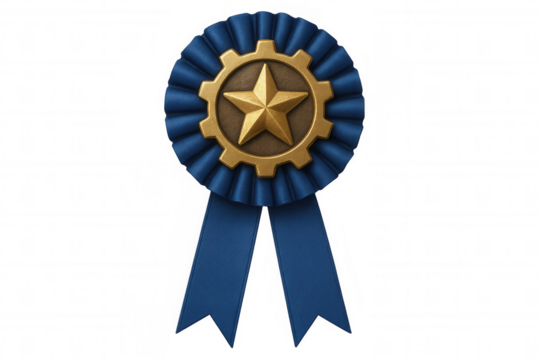 Blue ribbon award with gold gear and star, celebrating achievement and quality on a transparent background - Powered by Adobe