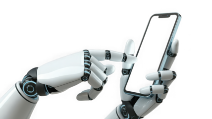 White cyborg robotic hand pointing his finger to a smartphone Isolated on white and transparent background