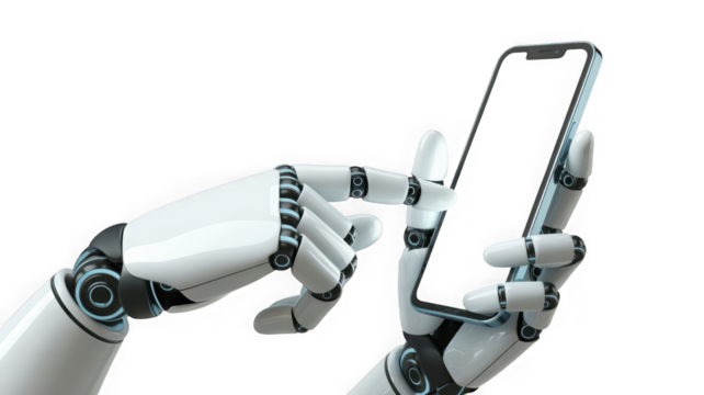 White cyborg robotic hand pointing his finger to a smartphone Isolated on white and transparent background