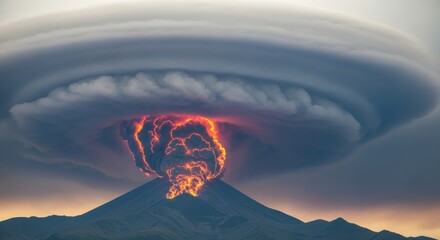 A dramatic volcanic eruption spews incandescent lava and ash into the sky, forming a towering cloud above a lenticular cloud formation.