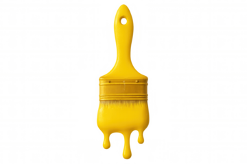 Vibrant yellow paint dripping from loaded paintbrush, creating artistic liquid pattern against transparent backdrop for creative visual design