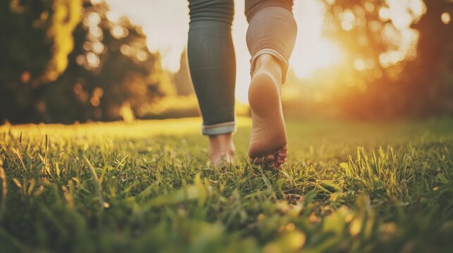 walking barefoot on soft grass, feeling grounded and connected to nature, warm golden hour lighting, blurred background