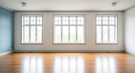 An empty room with three large windows and polished wooden floors, featuring a blue accent wall.