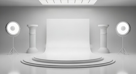 A clean, minimalist photography studio with a white cyclorama, two decorative columns, and professional lighting equipment.