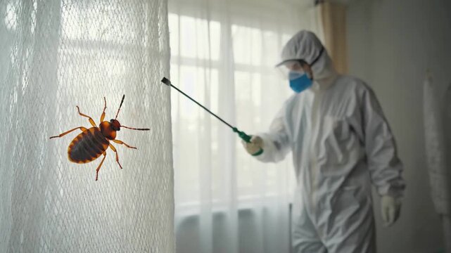 Pest Control battle: a pest control expert in a protective suit targets a looming bed bug with a spray of treatment.