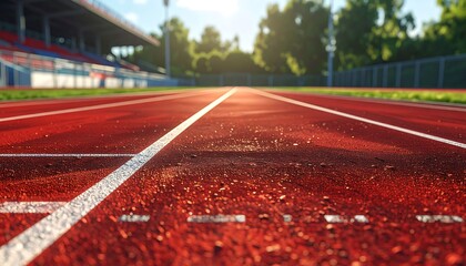 Red running track with white lines at a stadium, blurred background, sunny day