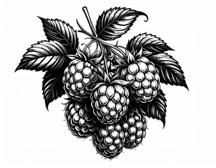 Graphic Illustration of Ripe Raspberries Hanging with Leaves Isolated on White Background Food