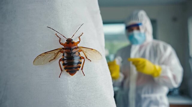 Bedbug Infestation Control: An entomologist in a protective suit diligently examines a bedbug on a white fabric, representing professional pest control and eradication.