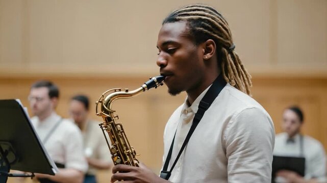 Saxophone Solo: A skilled musician passionately plays a saxophone, filling the room with soulful melodies, surrounded by the atmosphere of musical mastery.