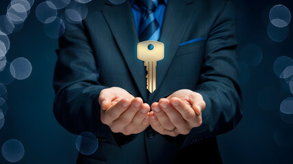 Businessman holds golden key, offering opportunity and success in business.