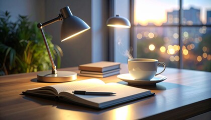 Sleek modern workspace with minimalist desk lamp, notebook, and pen under soft lighting.