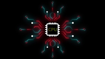 Abstract digital circuitry with glowing neon lines and a central cpu chip on a dark background - Powered by Adobe