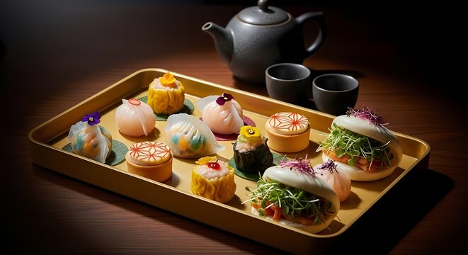 An assortment of colorful dim sum and bao buns are presented on a golden tray, accompanied by a dark grey teapot and matching teacups. - Powered by Adobe