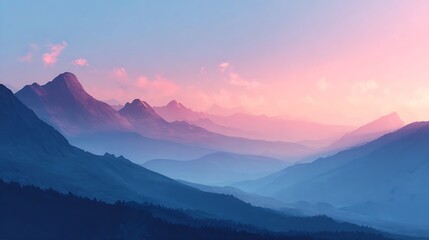 Fototapeta premium Soft hues blend seamlessly across distant mountain ranges, evoki