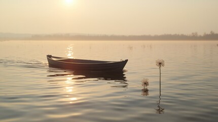 Fototapeta premium Serene sunrise over calm waters with a lone boat drifting and dandelions in the foreground