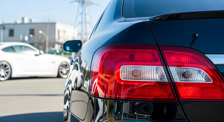 Naklejka premium Close Up of Black Car Taillight with White Car in Background on Parking Lot
