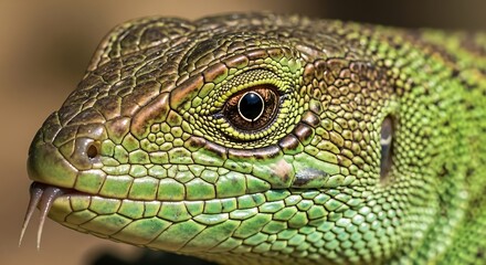 Obraz premium Close Up Macro Shot of a Green Lizard Head with Tongue Flicking.