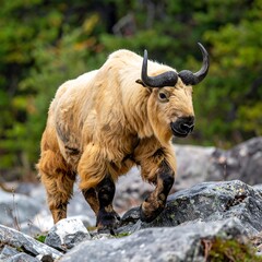 Majestic beige yak on rocks