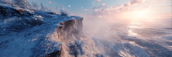Naklejka premium Serene Winter Coastal Scene with Snow-Covered Cliff and Ocean Waves Under a Colorful Sky at Sunrise