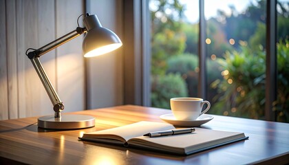 Clean modern table with minimalist lamp, open notebook, and neutral background for study and work.
