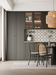 Modern Kitchen Interior with Dark Cabinets and Dining Area