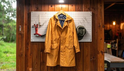 Fototapeta premium Bright Yellow Rain Jacket Hanging on Wooden Wall with Tools
