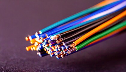 Obraz premium Colorful Electric Wires Bundled Together on Dark Background