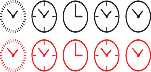 clock, time, watch, hour, minute, second, dial, face, symbol, icon, graphic, design, element, black, red, white background, multiple, variations, numbers, abstract, illustration, measurement, schedule