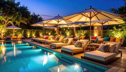 Elegant Poolside Lounge at Twilight with Cozy Seating and Umbrellas
