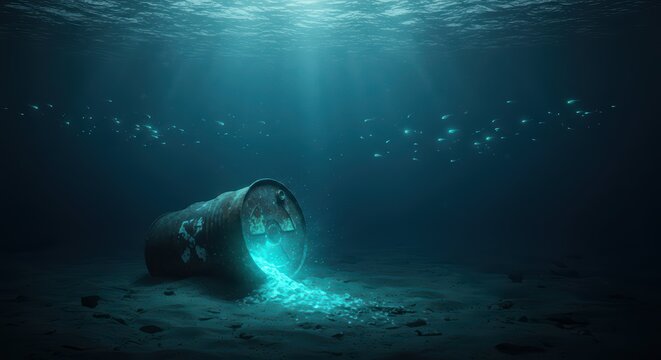 Nuclear barrel on ocean floor. Radioactive waste pollution. Aquatic ecosystem damage from toxic drum. Ecological problem endangers marine life population. Background for eco banner, poster