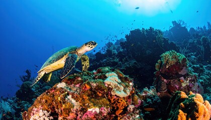 Graceful Sea Turtle Swimming Among Vibrant Coral Reef Ecosystem