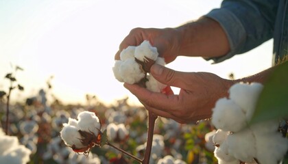 Hands Gently Picking Cotton in Bright Sunset Background