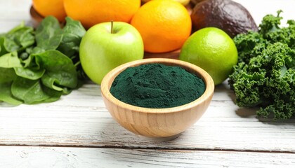 Green Superfood Powder Surrounded by Fresh Fruits and Vegetables