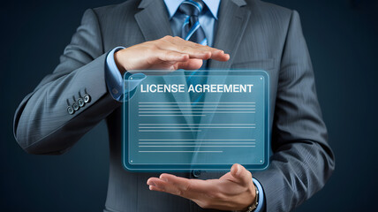Professional businessman presenting license agreement on virtual screen