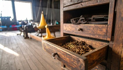 Rustic Workshop Drawer Filled with Various Brass Screws and Tools