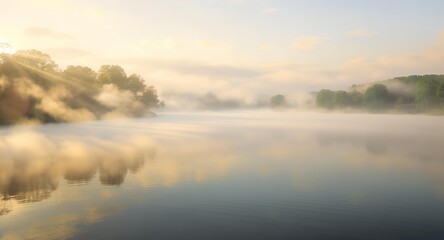 Obraz premium Morning mist over the tranquil lake reflecting the sunrise.