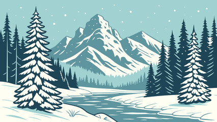 Obraz premium Winter Landscape with Snow-Covered Mountains and Evergreen Trees.