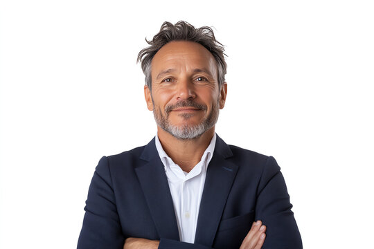 A confident middle-aged man in a formal outfit standing with arms crossed, smiling softly against a plain white background.