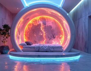Futuristic Meditation Pod with Orange and Blue Neon Lights
