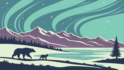 Naklejka premium Mother bear and cub walking in snowy landscape under aurora borealis.