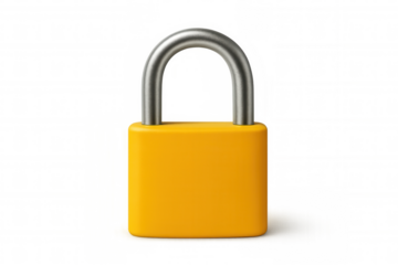 Closed yellow padlock with metal shackle providing security on a transparent background, symbolizing data protection and privacy