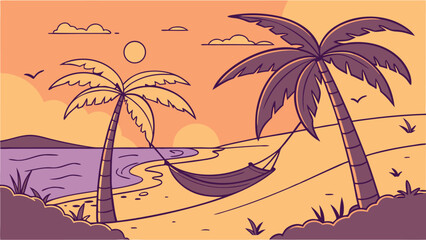 Tropical Beach Scene with Palm Trees and Hammock Illustration.