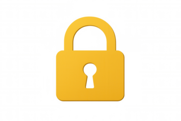 Closed yellow lock representing security, privacy, and data protection, on a transparent background